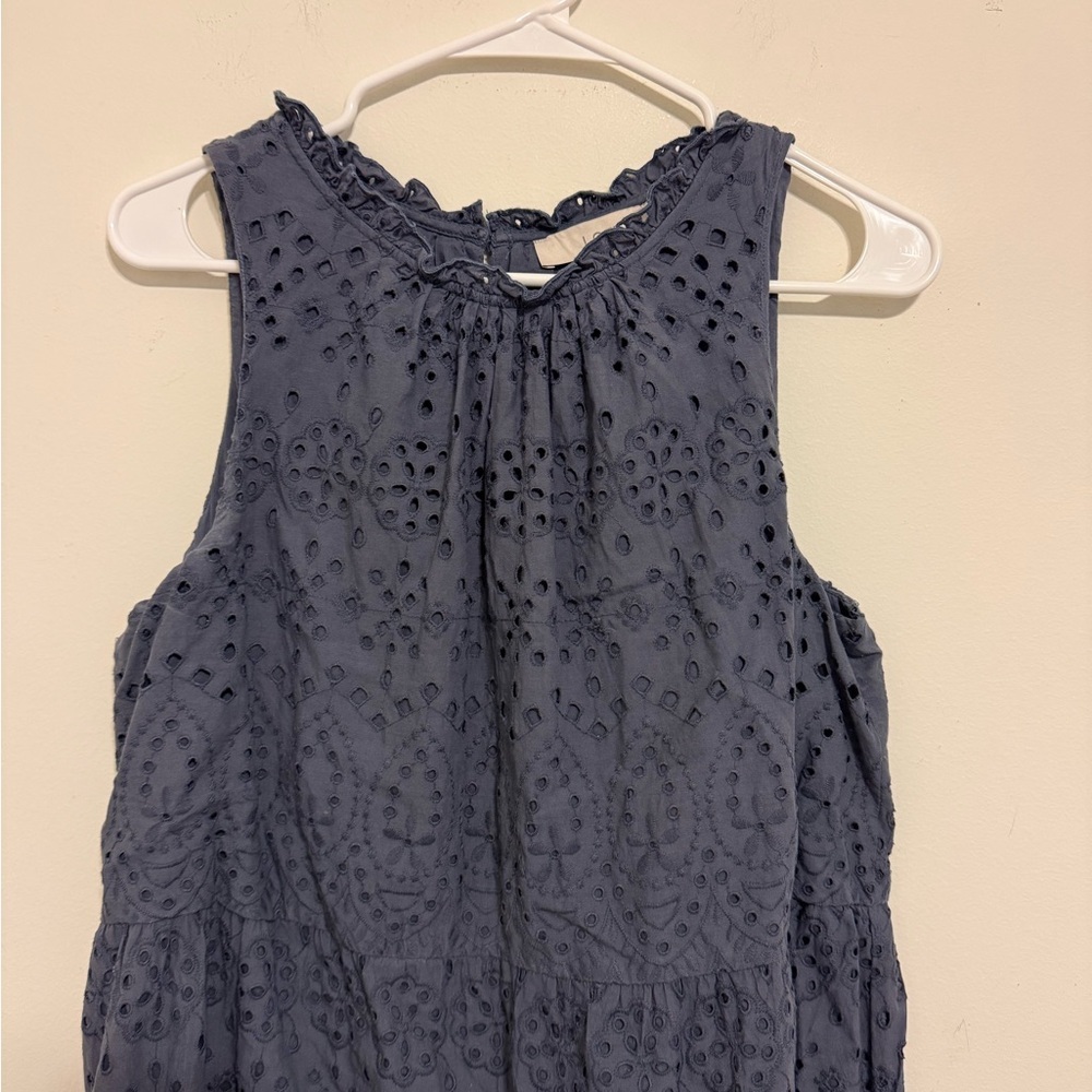 2/$30 LOFT Navy Blue Eyelet Sleeveless Tiered Dress Size L - Picture 3 of 8